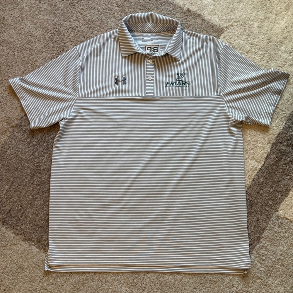 Under Armour Friars Golf Polo Shirt Men XL Grey White Striped HeatGear Loose Fit
